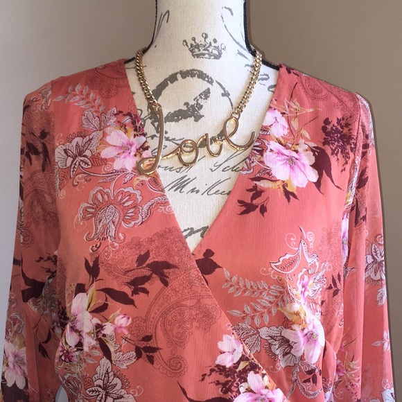 WONDERLY BOHO SHEER FLORAL WRAP DRESS - Picture 4 of 11